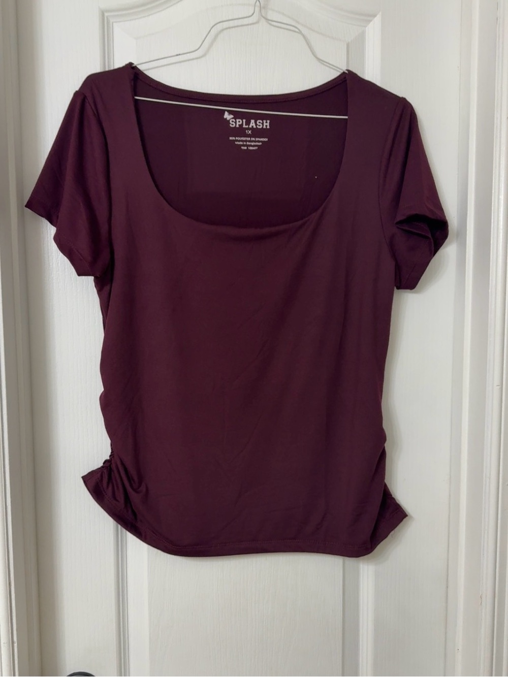 Splash dark burgundy short sleeve scoop neck ruched side detailing form fit 1X
